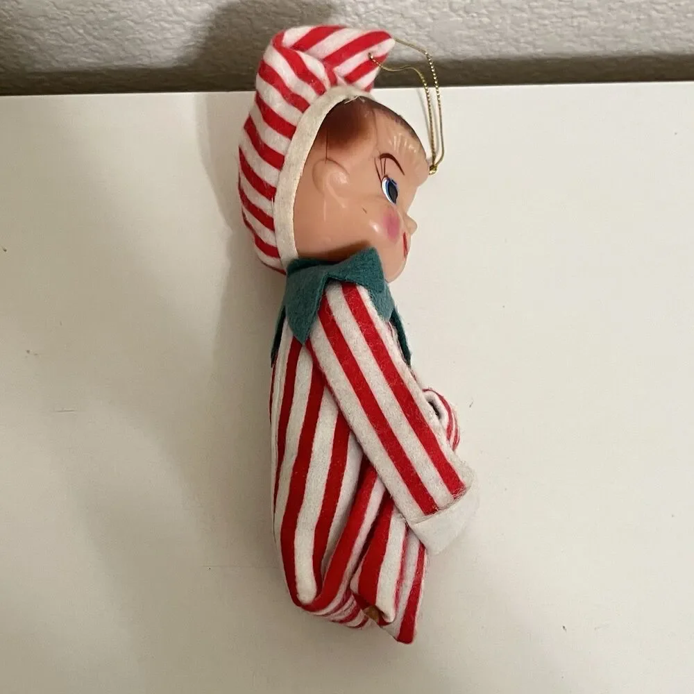 Vintage Knee Hugger Elf Pixie Doll Christmas Ornaments Rubber Face Lot of 2